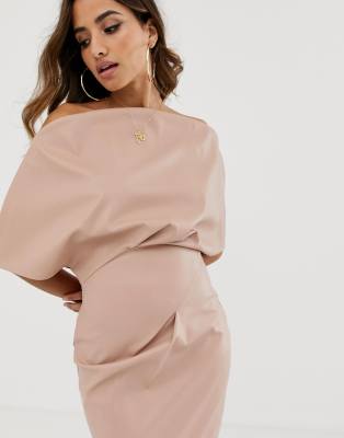 asos design pu drape shoulder midi pencil dress