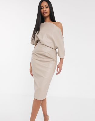 asos design pu drape shoulder midi pencil dress
