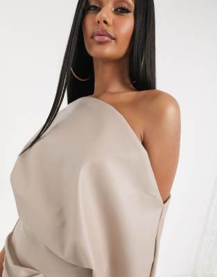 asos design pu drape shoulder midi pencil dress