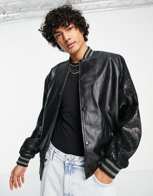 ASOS DESIGN faux leather party bomber jacket with sequin sleeve details in black