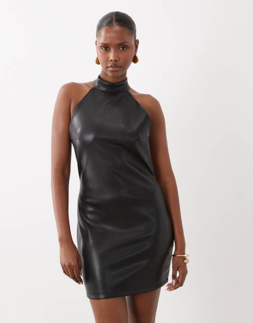 ASOS DESIGN pu halter mini dress in black, 3 of 4