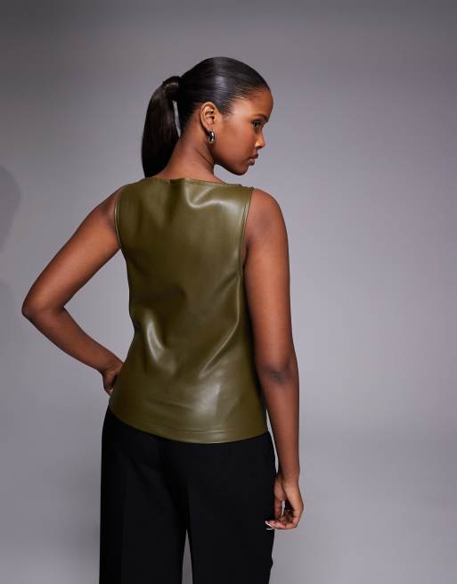 ASOS DESIGN PU high neck front seam top in khaki, 3 of 4