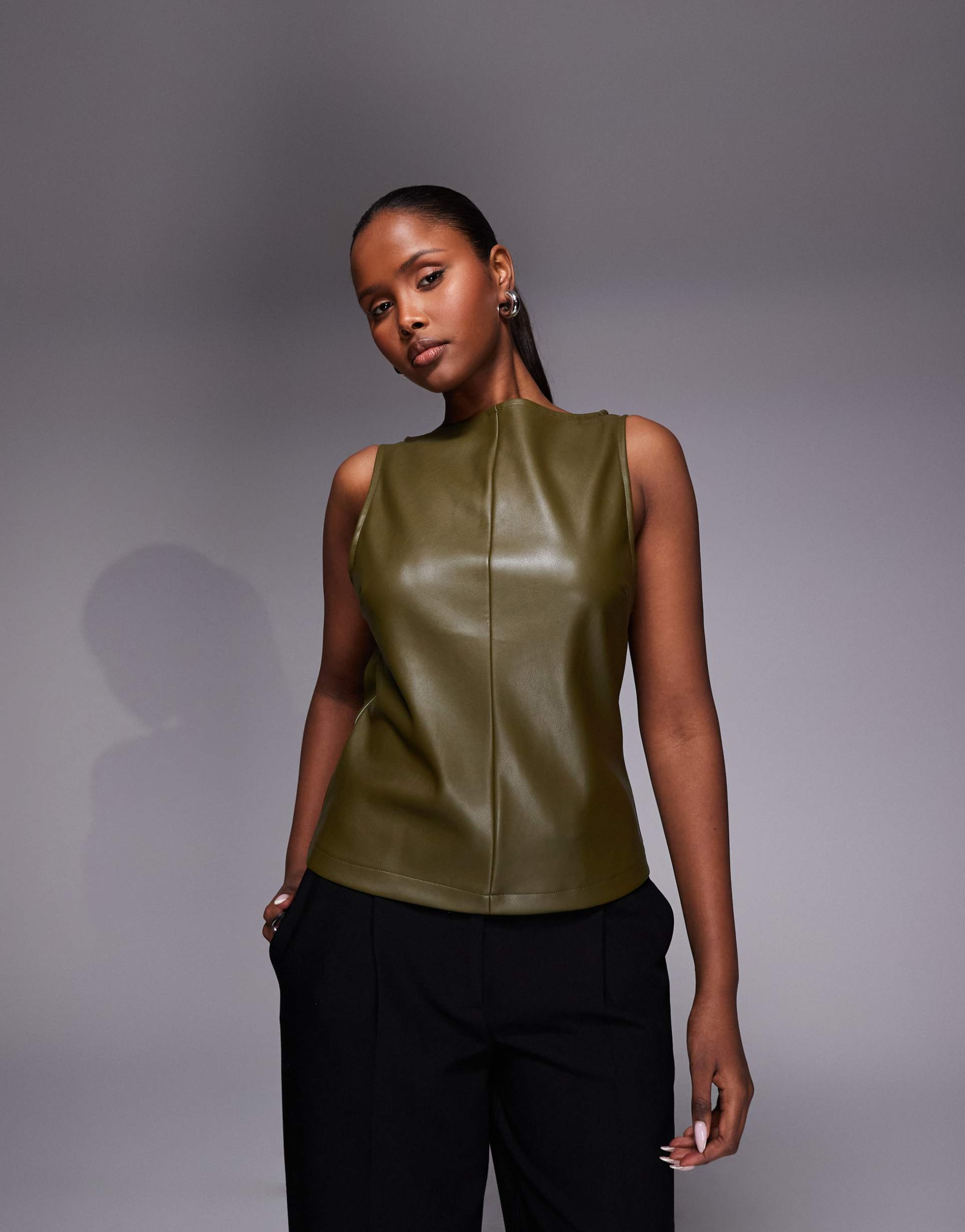 asos design pu high neck front split top in khaki