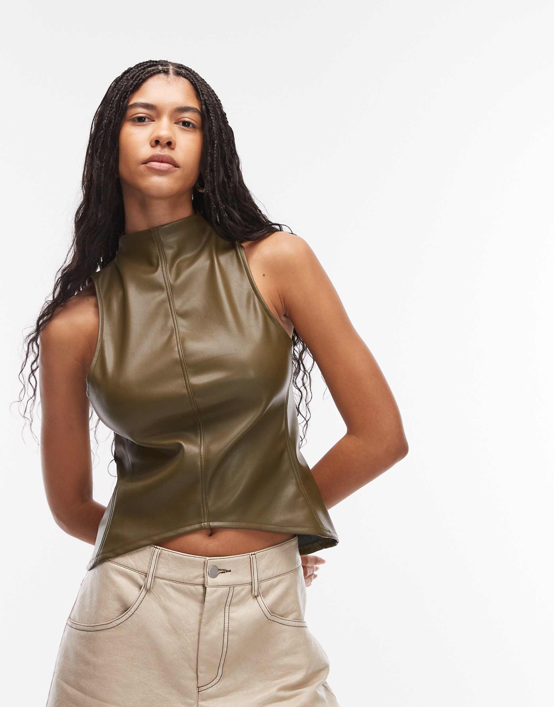 asos design pu high neck top in khaki