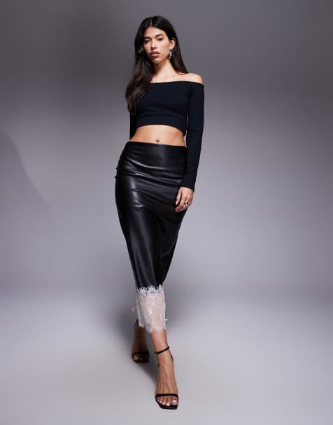 ASOS DESIGN PU low rise slip skirt with lace trim hem in black - view 1