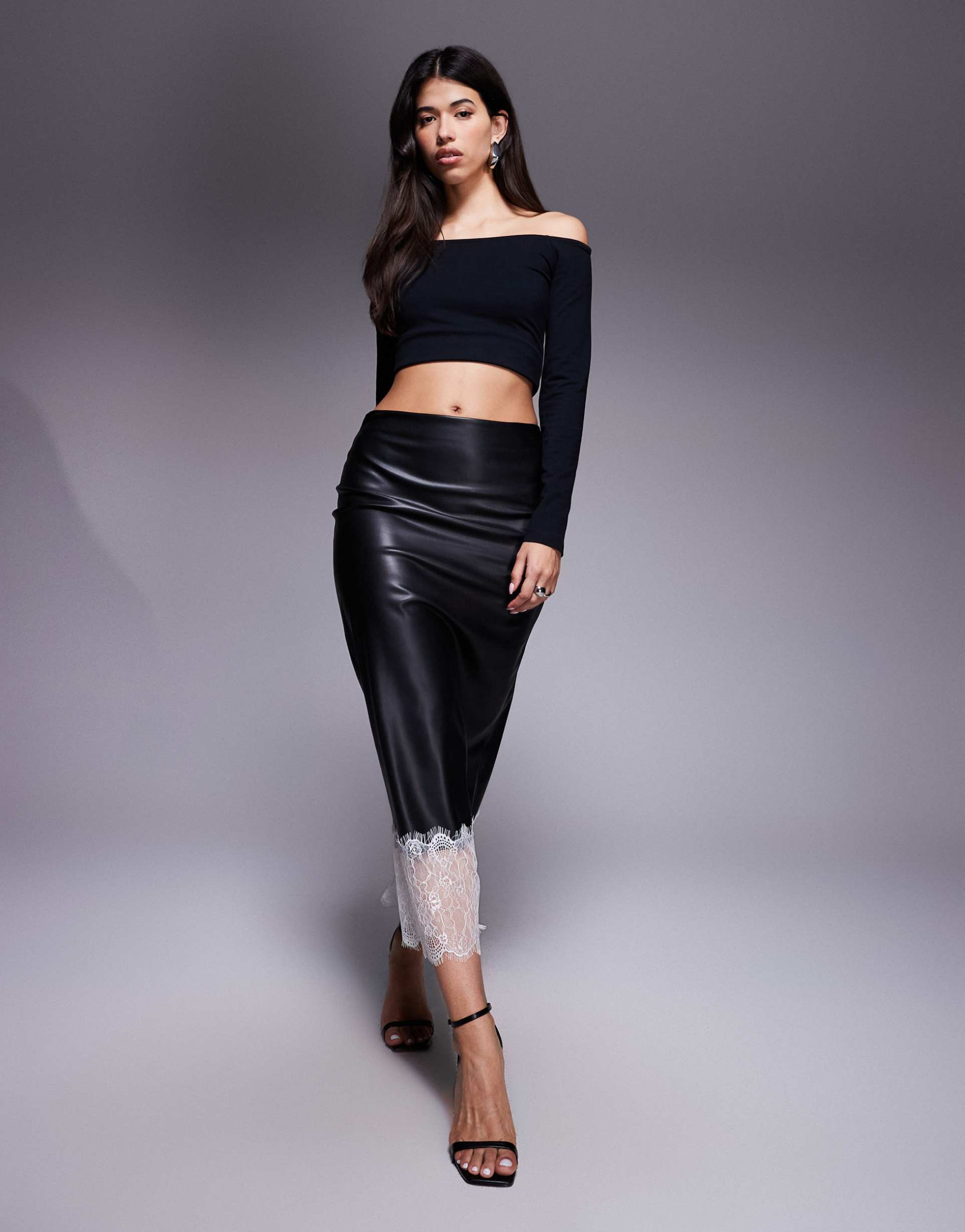 asos design pu low rise slip skirt with lace trim hem in black