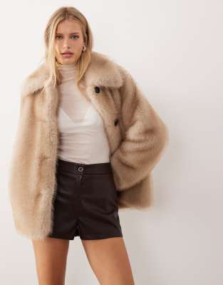 Asos Design Pu Mid Rise Shorts In Brown