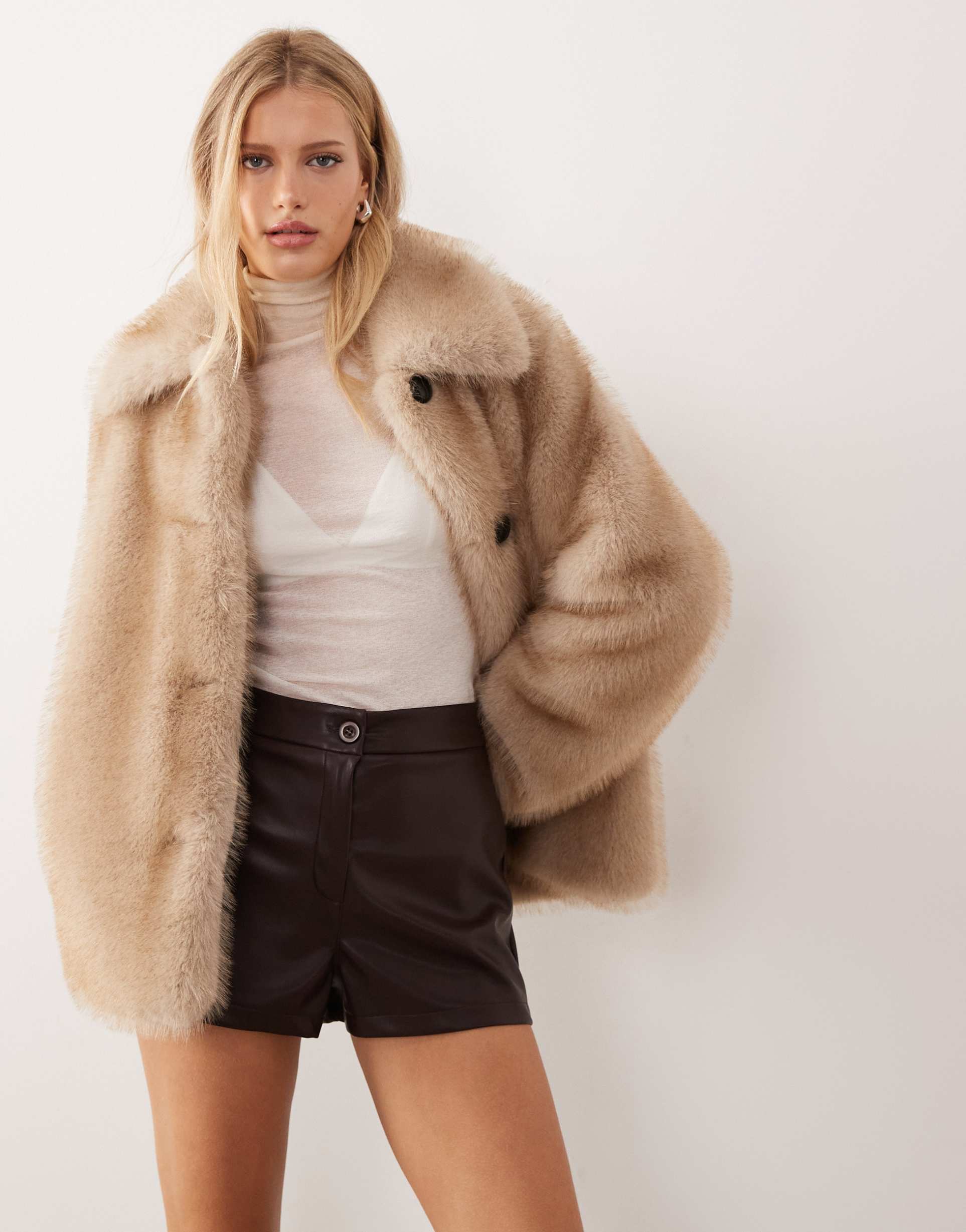 asos design pu mid rise shorts in chocolate brown