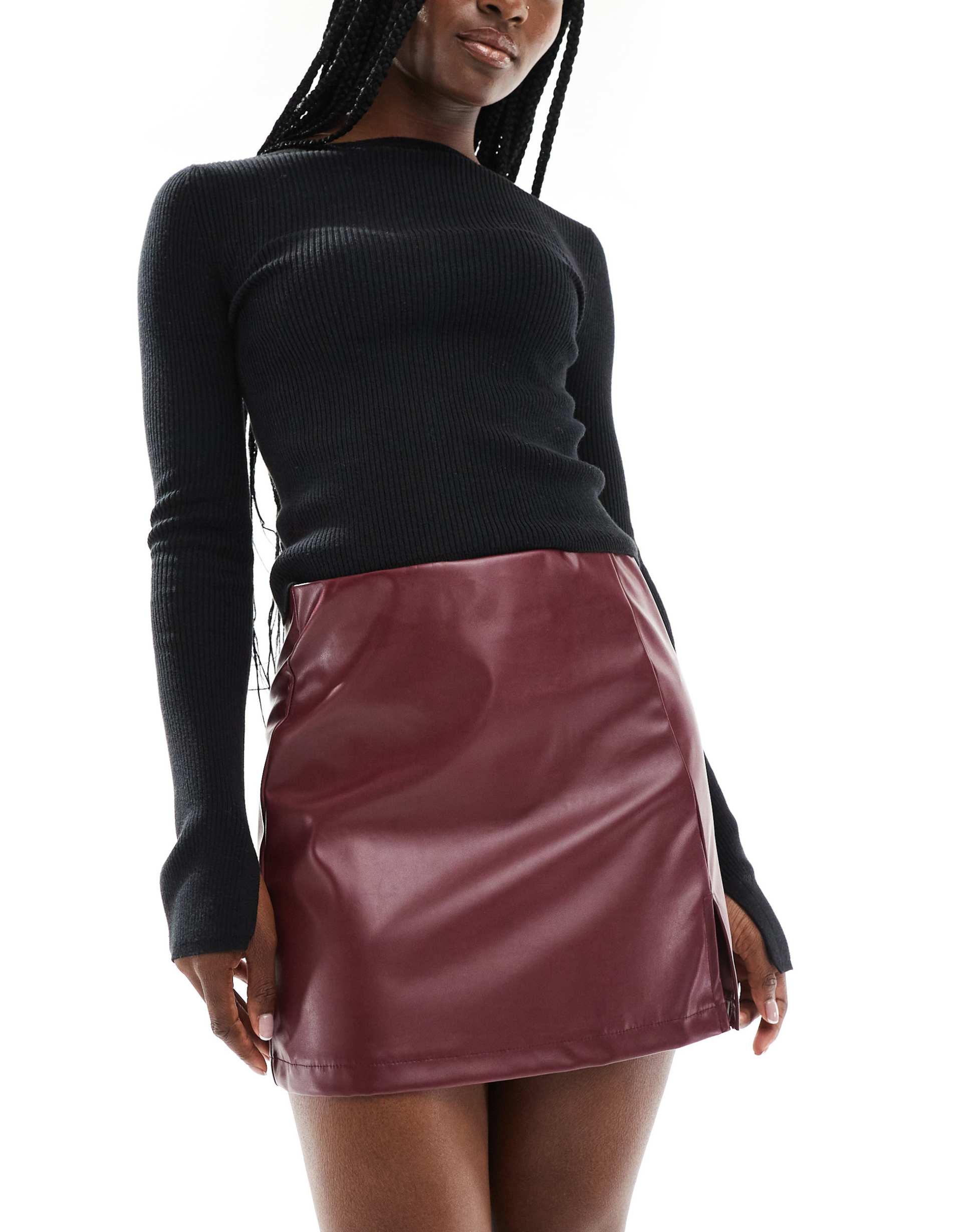 asos design pu mini skirt with split in burgundy