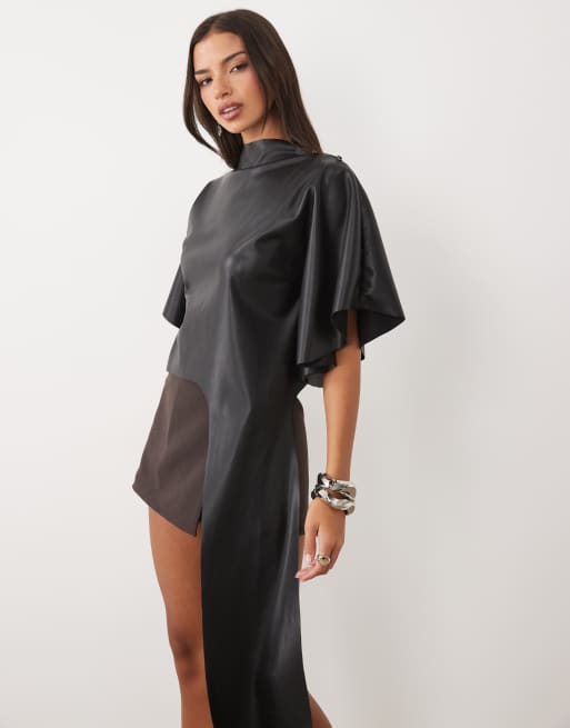 ASOS DESIGN PU-Oberteil mit hohem Kragen und langem Fall in Schwarz, 2 von 4