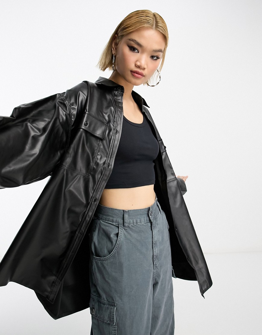 ASOS DESIGN PU oversized shirt with wide cuff detail in black