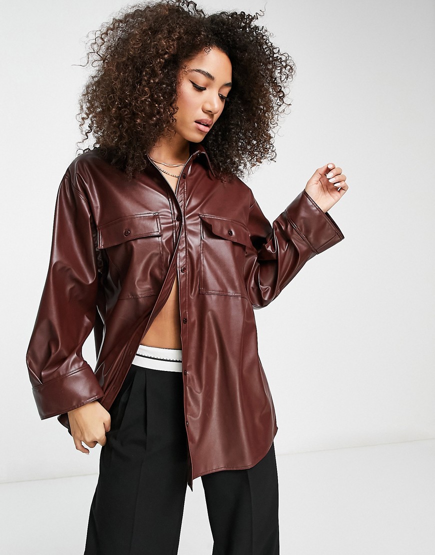 ASOS DESIGN PU oversized shirt with wide cuff detail in chocolate brown