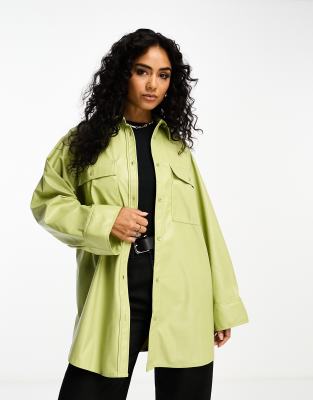 Asos Design Pu Oversized Shirt With Wide Cuff Detail In Sage Green