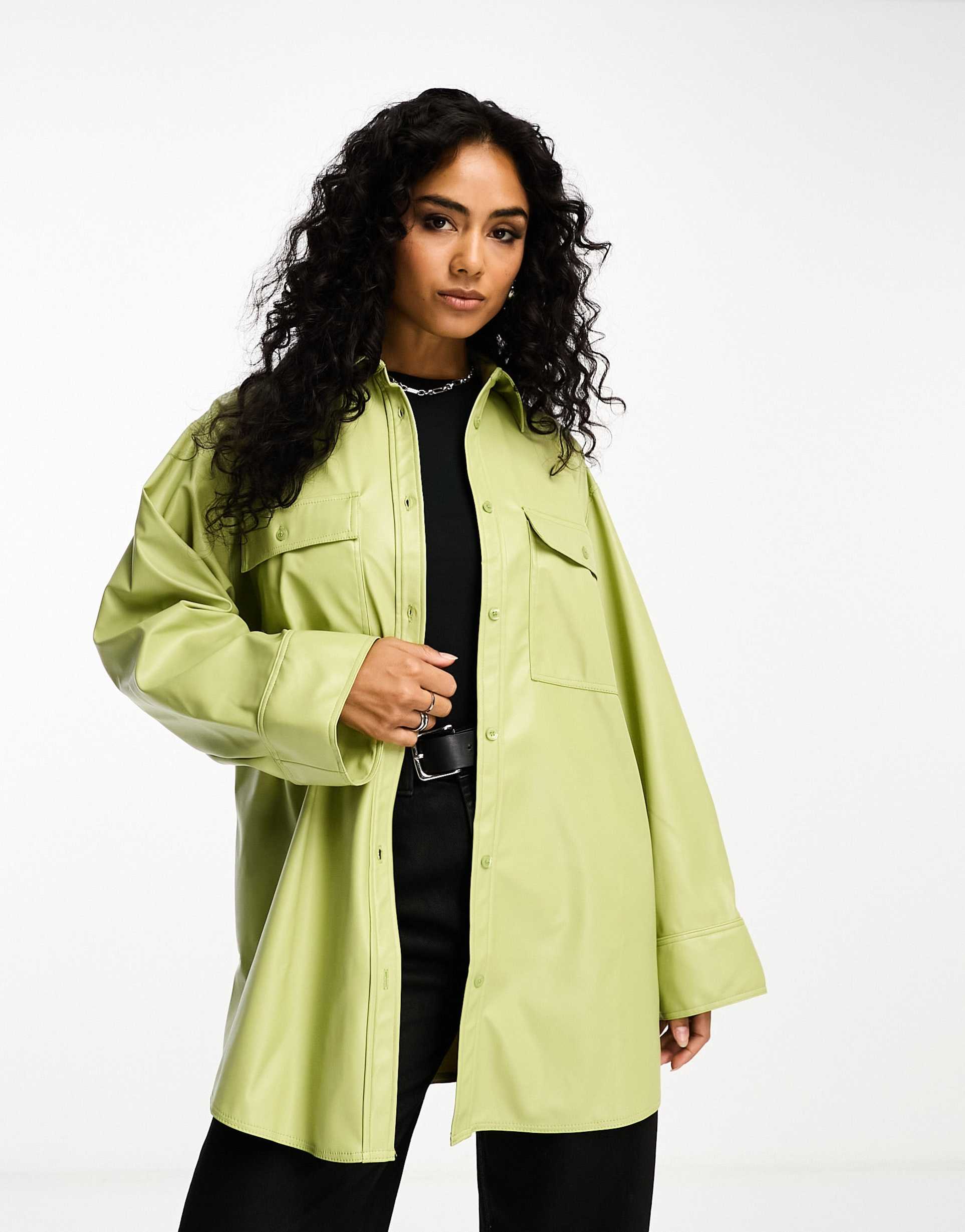 asos design pu oversized shirt with wide cuff detail in sage green