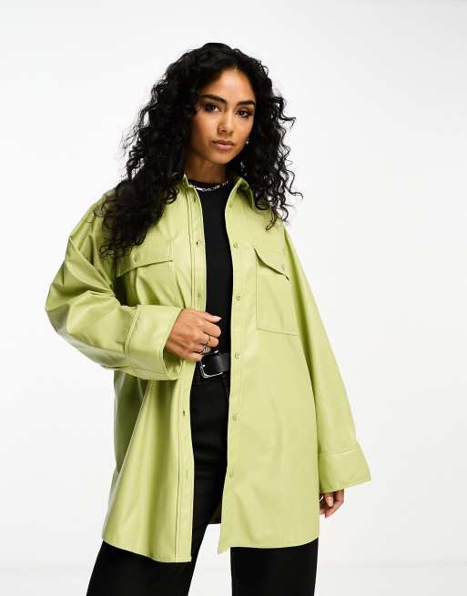 ASOS DESIGN PU oversized shirt with wide cuff detail in sage green | ASOS