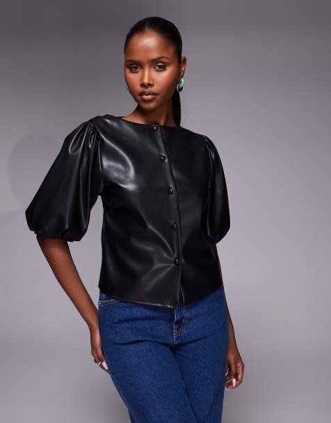 ASOS DESIGN PU puff sleeve button through top in black - view 1