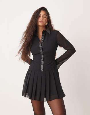 Asos Design Pu Trim Mini Shirt Dress With Pleated Skirt In Black - Asos Mini Dress New In 1st November 2024