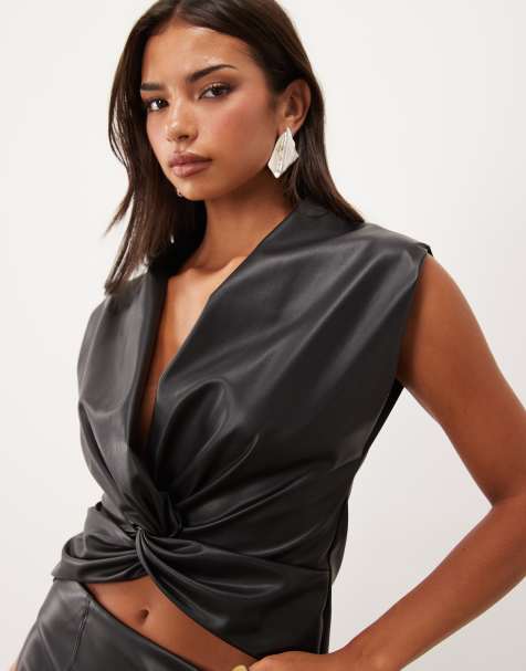 ASOS DESIGN PU twist front deep plunge cap sleeve top in black - view 1