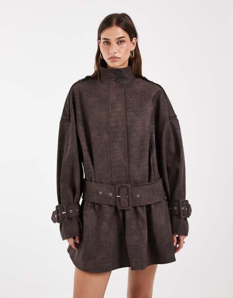 ASOS DESIGN PU utility micro mini dress shirt in chocolate - view 1