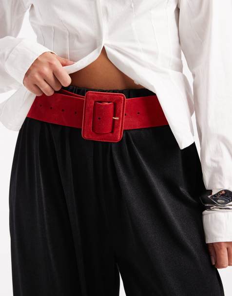 ASOS DESIGN PU waist belt with large buckle in red suede - view 1