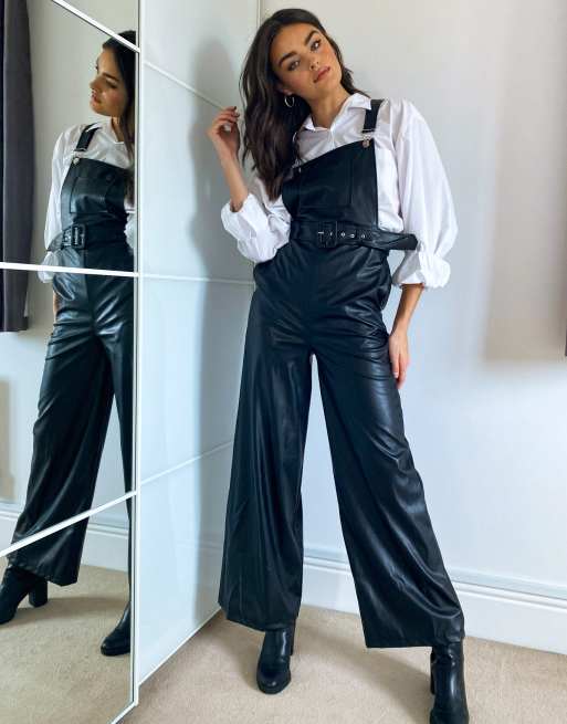 ASOS DESIGN PU wide leg dungaree in black