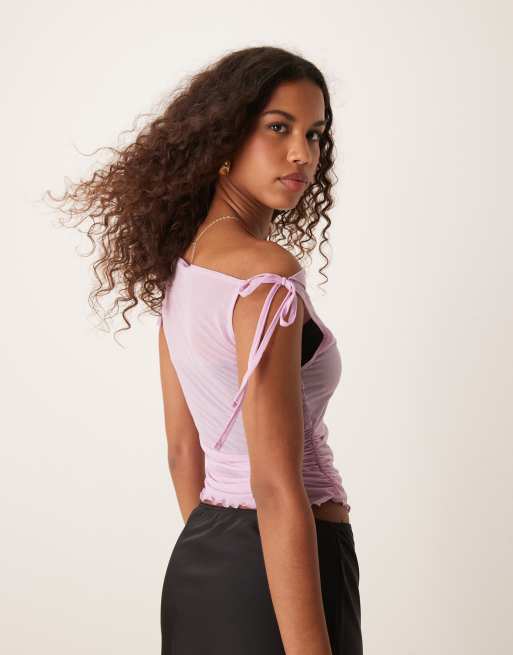 ASOS DESIGN - Pudderlyserød top i mesh med rynket side og bindebånd i skulderen samt vandfaldsudskæring, 4 af 4
