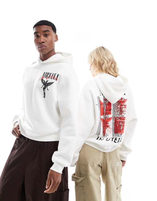 ASOS DESIGN – Pudełkowa bluza oversize unisex z kapturem w kolorze złamanej bieli z licencjonowaną grafiką Nirvany