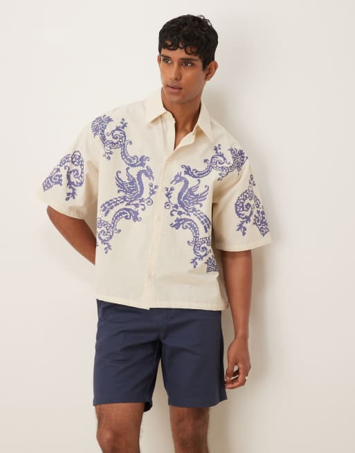 ASOS DESIGN – Pudełkowa koszula oversize w kolorze ecru we wzór