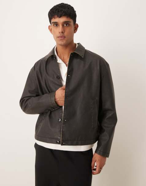 ASOS DESIGN – Pudełkowa kurtka Harrington z imitacji skóry w spranym brązowym kolorze - view 1