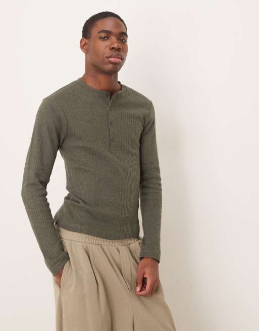 ASOS DESIGN – Pudełkowa szczotkowana bluza prążkowana w kolorze khaki o pudełkowym kroju z dekoltem typu henley