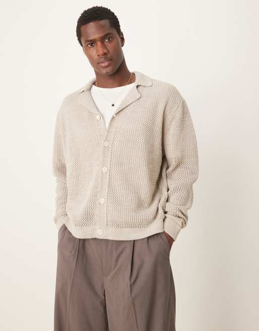 ASOS DESIGN – Pudełkowy kardigan dzianinowy oversize z kołnierzykiem kubańskim w kolorze złamanej bieli