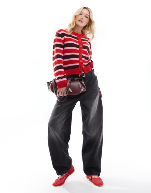 ASOS DESIGN – Pudełkowy kardigan dzianinowy w czerwono-bordowe pasy, 2 z 4