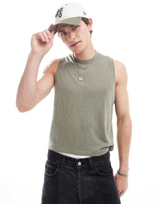 ASOS DESIGN – Pudełkowy podkoszulek z materiału o fakturze lnu w kolorze khaki
