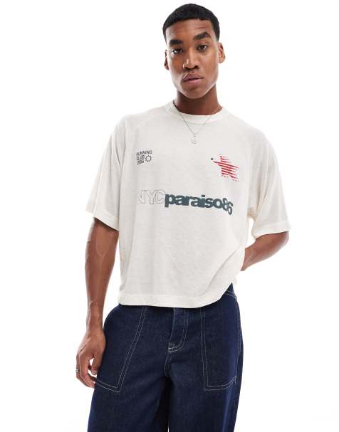ASOS DESIGN – Pudełkowy T-shirt oversize o waflowej fakturze w kolorze złamanej bieli ze sportową grafiką - view 1