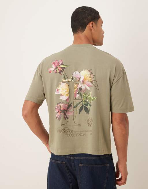 ASOS DESIGN – Pudełkowy T-shirt oversize w jasnym odcieniu khaki z kwiatową grafiką z napisami