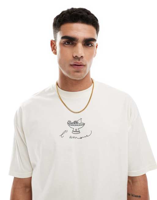 ASOS DESIGN – Pudełkowy T-shirt oversize w kolorze złamanej bieli z abstrakcyjnym nadrukiem na piersi