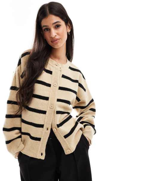 ASOS DESIGN boxy knitted button front crew neck cardigan in stripe