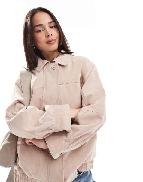 ASOS DESIGN – Puderrosa bomberjacka av äkta mocka i oversize - view 1