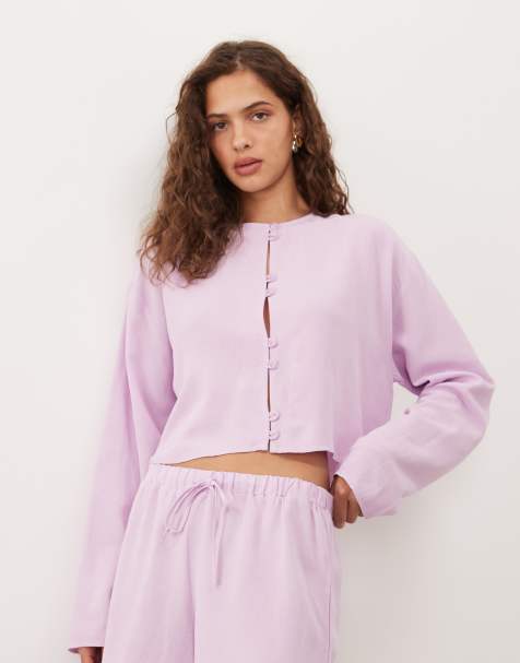 ASOS DESIGN – Pudroworóżowa bluzka z mieszanki lnu w stylu mandaryńskim, część zestawu - view 1
