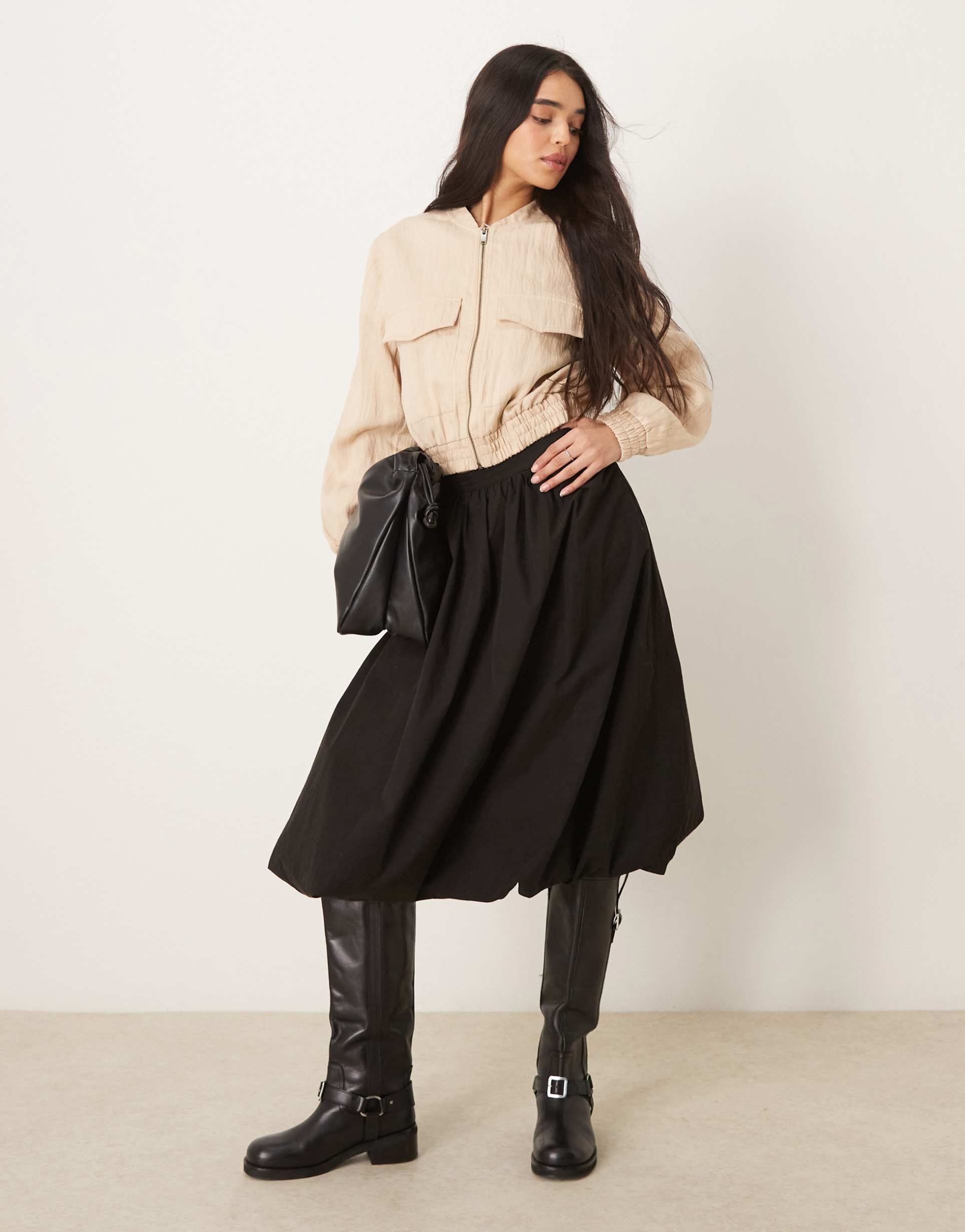 asos design puff ball midi skirt in black