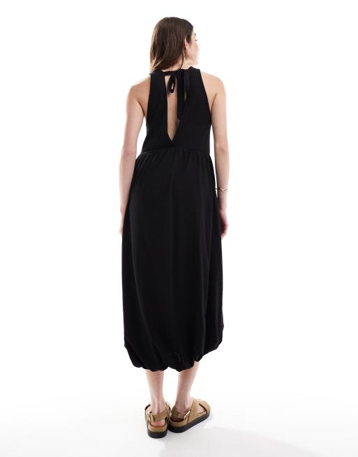 ASOS DESIGN puff ball midi smock dress with v-neck in black, 3 of 4