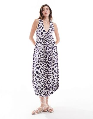 Asos Design Puff Ball Midi Smock Dress With V-neck In Leopard Print-multi