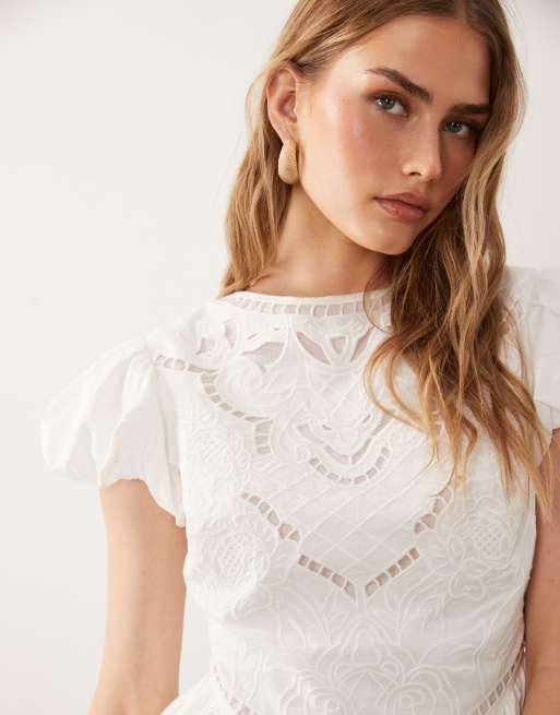 ASOS DESIGN puff mini dress with cutwork embroidery in white, 3 of 4