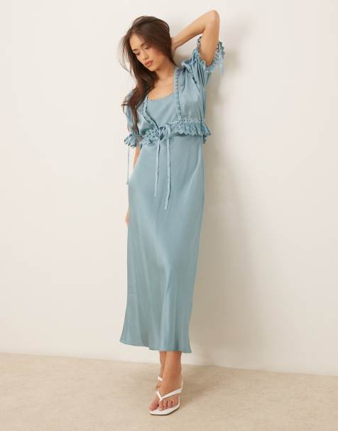 ASOS DESIGN puff sleeve 2-in-1 satin midi tea dress with lace trims in slate blue - view 1