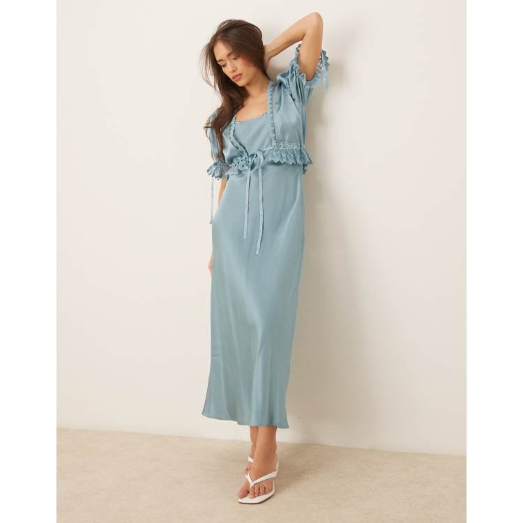 ASOS DESIGN puff sleeve 2-in-1 satin midi tea dress with lace trims in slate  blue | ASOS