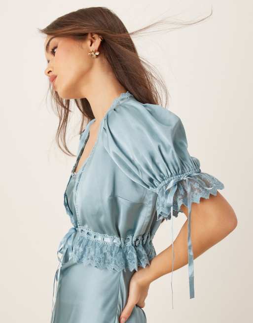 ASOS DESIGN puff sleeve 2-in-1 satin midi tea dress with lace trims in slate blue