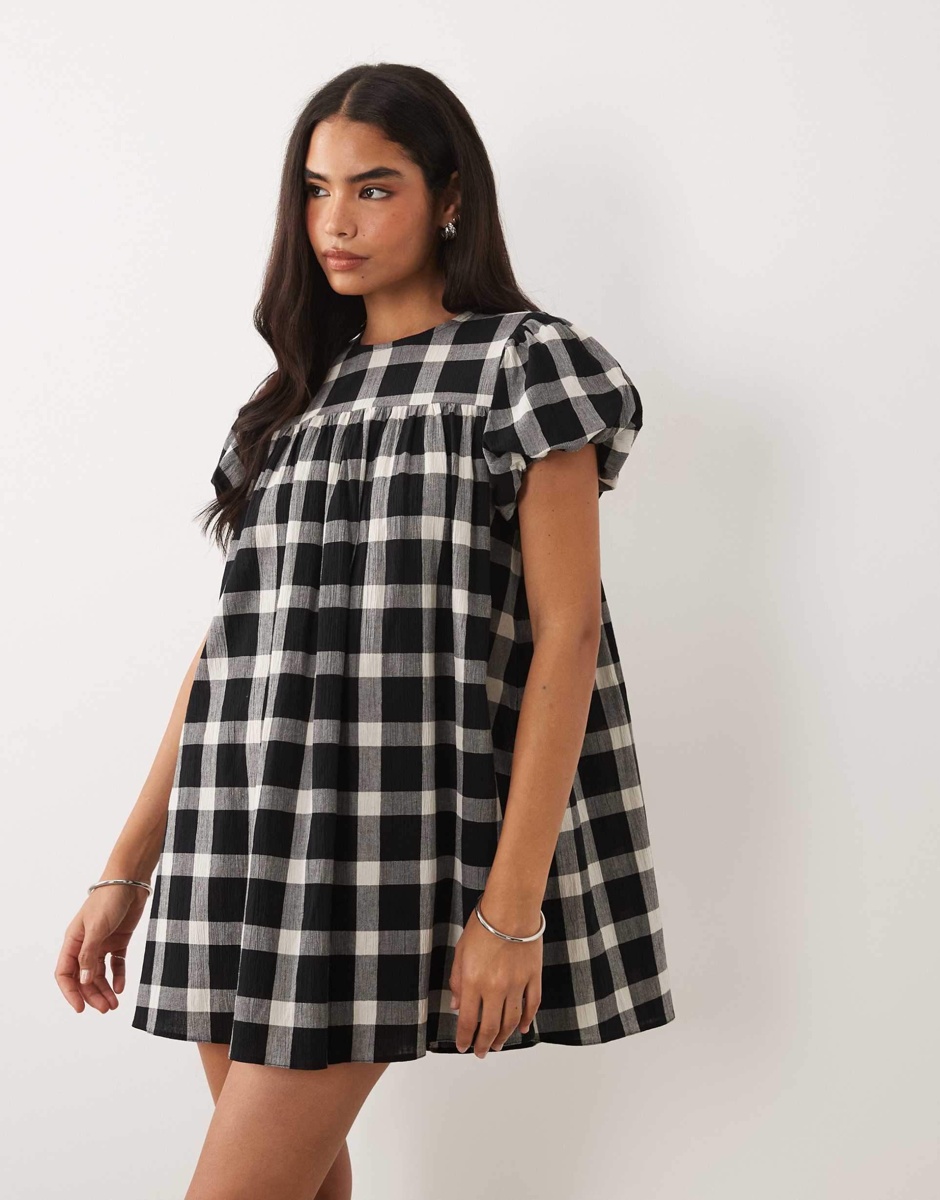 asos design puff sleeve baby doll mini dress in mono check