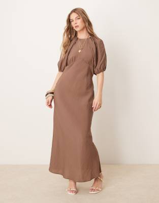 Asos Design Puff Sleeve Backless Maxi Dress In Brown