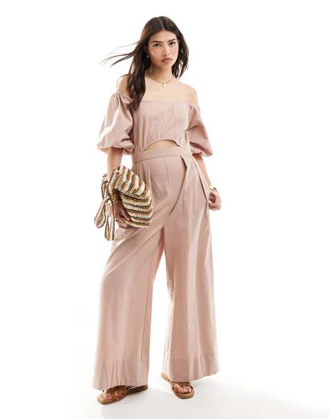 ASOS DESIGN puff sleeve bardot with front cutout jumpsuit in mauve - view 1