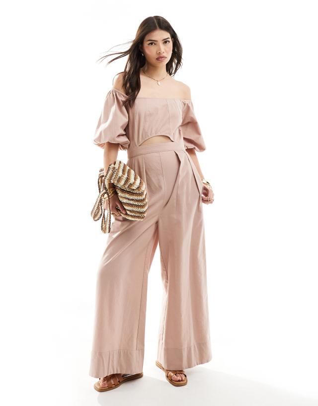 ASOS DESIGN - puff sleeve bardot with front cutout jumpsuit in mauve